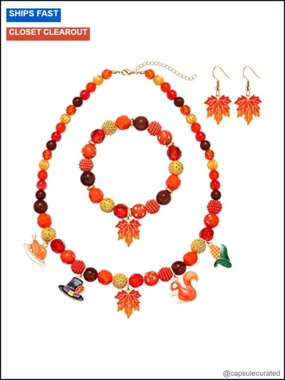 Chunky Rhinestone Beaded Necklace Bracelet Earring Set Thanksgiving